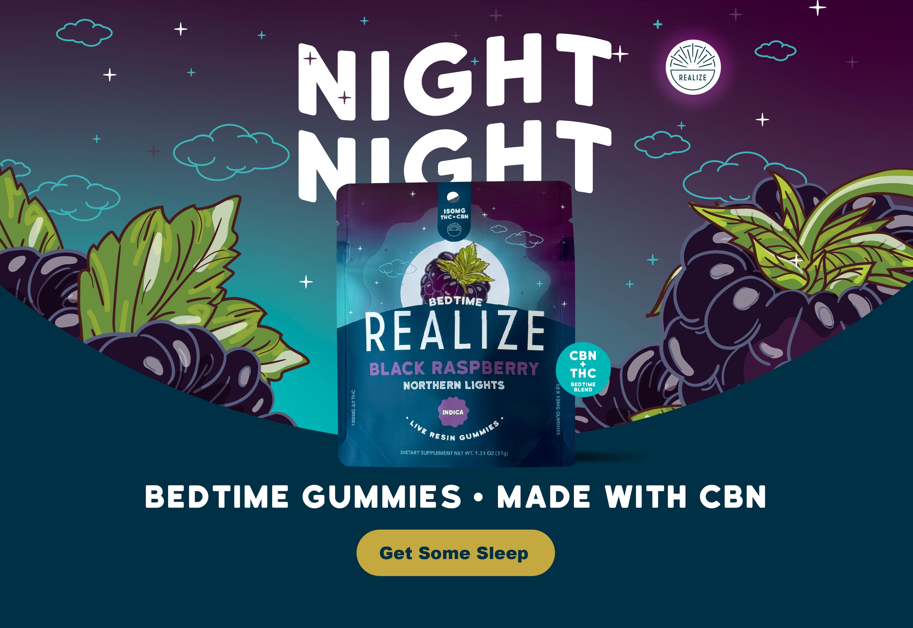 Realize bedtime gummies featuring Black Raspberry Northern Lights flavor with CBN and THC blend, shown in nighttime-themed design promoting sleep support