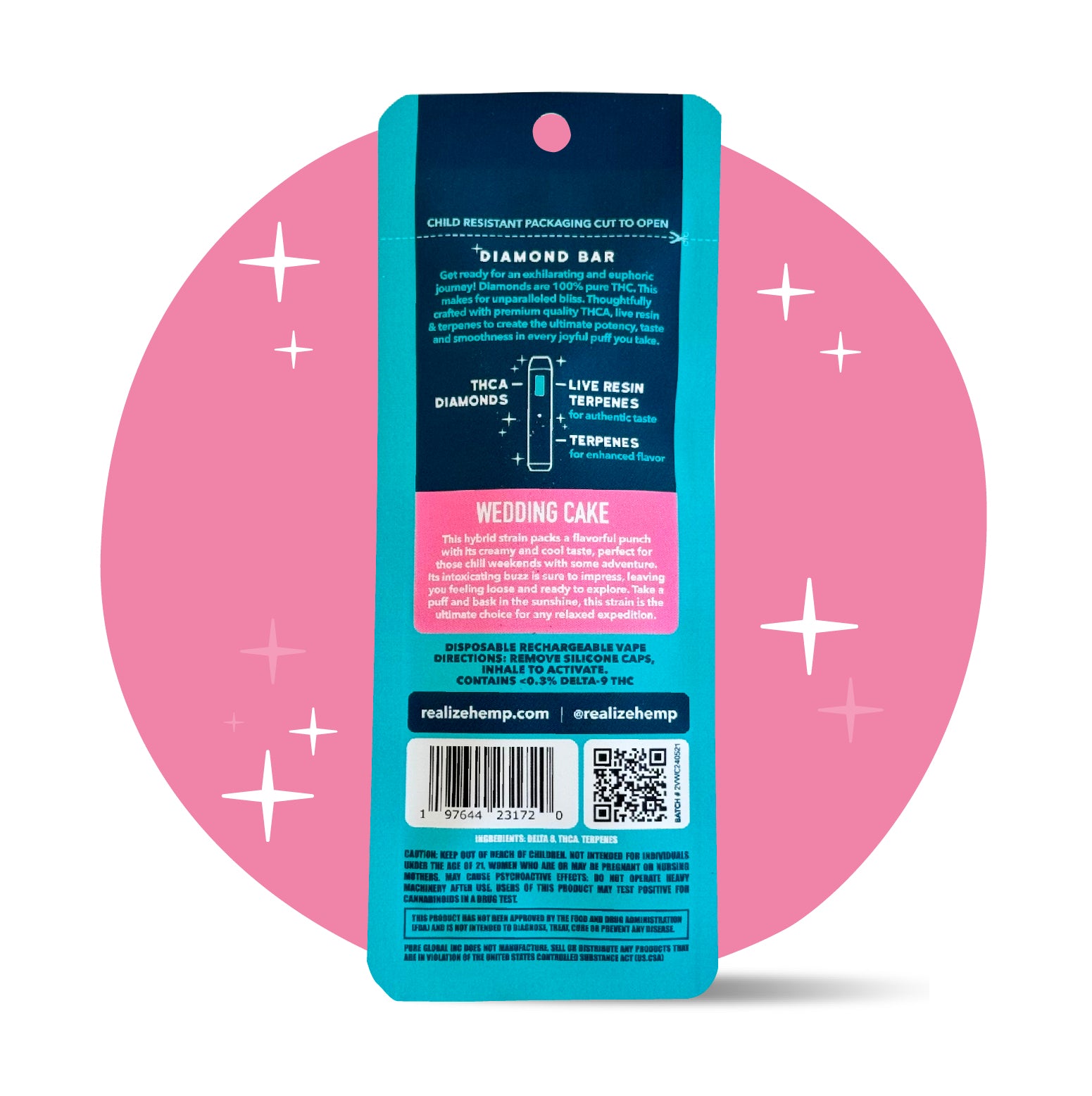 Back of Realize Wedding Cake Diamond Bar disposable vape packaging showing product description, usage instructions, barcode, and hemp-derived THC disclaimer on teal and pink packaging