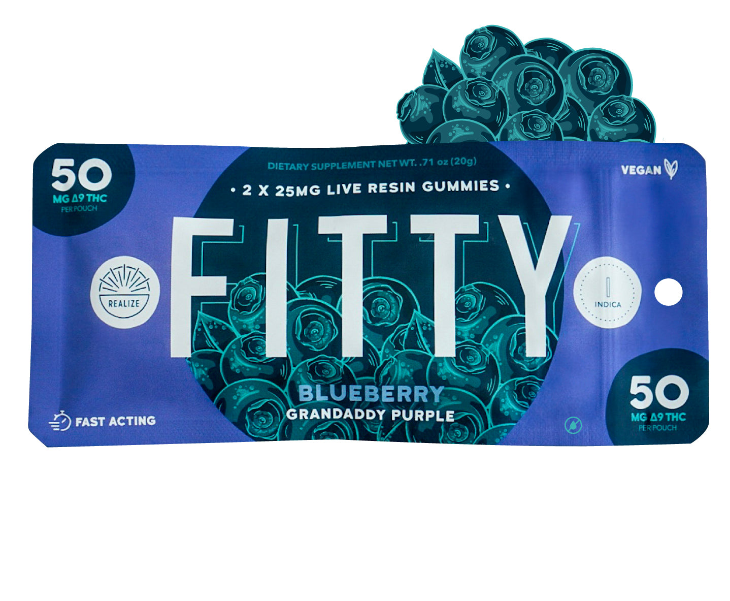 Realize DYE FREE FITTY blueberry Granddaddy Purple live resin gummies indica with 50mg Delta-9 THC per pouch