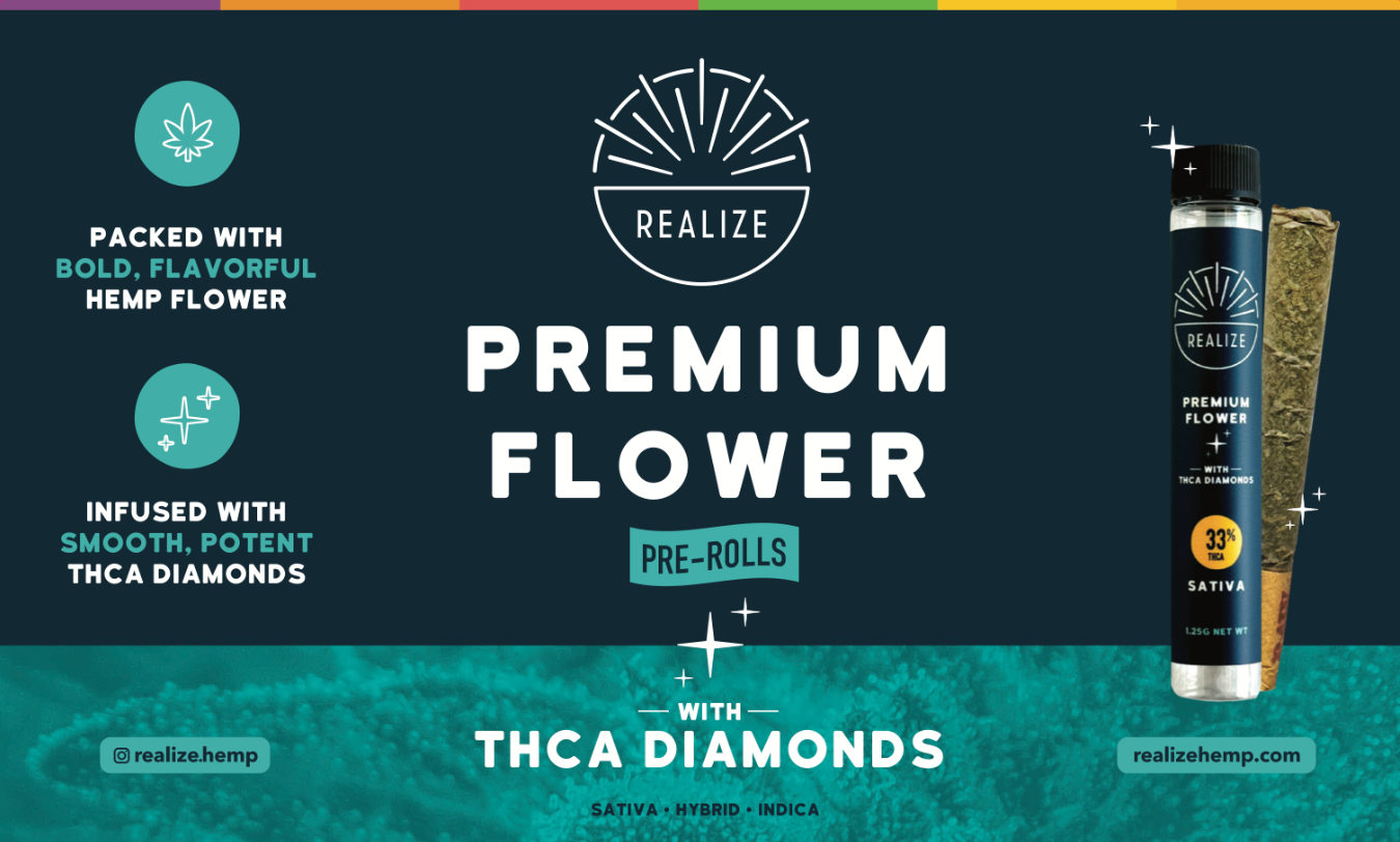 Realize Premium Flower pre-rolls infused with THCA diamonds featuring hemp flower and 33% THCA sativa pre-roll tube