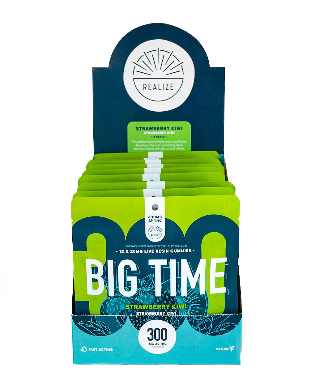 Realize BIG TIME strawberry kiwi hybrid live resin gummies 300mg Delta-9 THC wholesale display box with multiple pouches