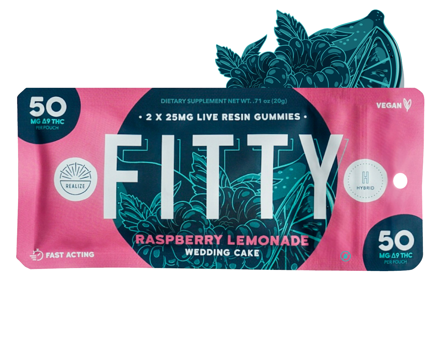 Realize DYE FREE FITTY raspberry lemonade Wedding Cake live resin gummies hybrid with 50mg Delta-9 THC per pouch