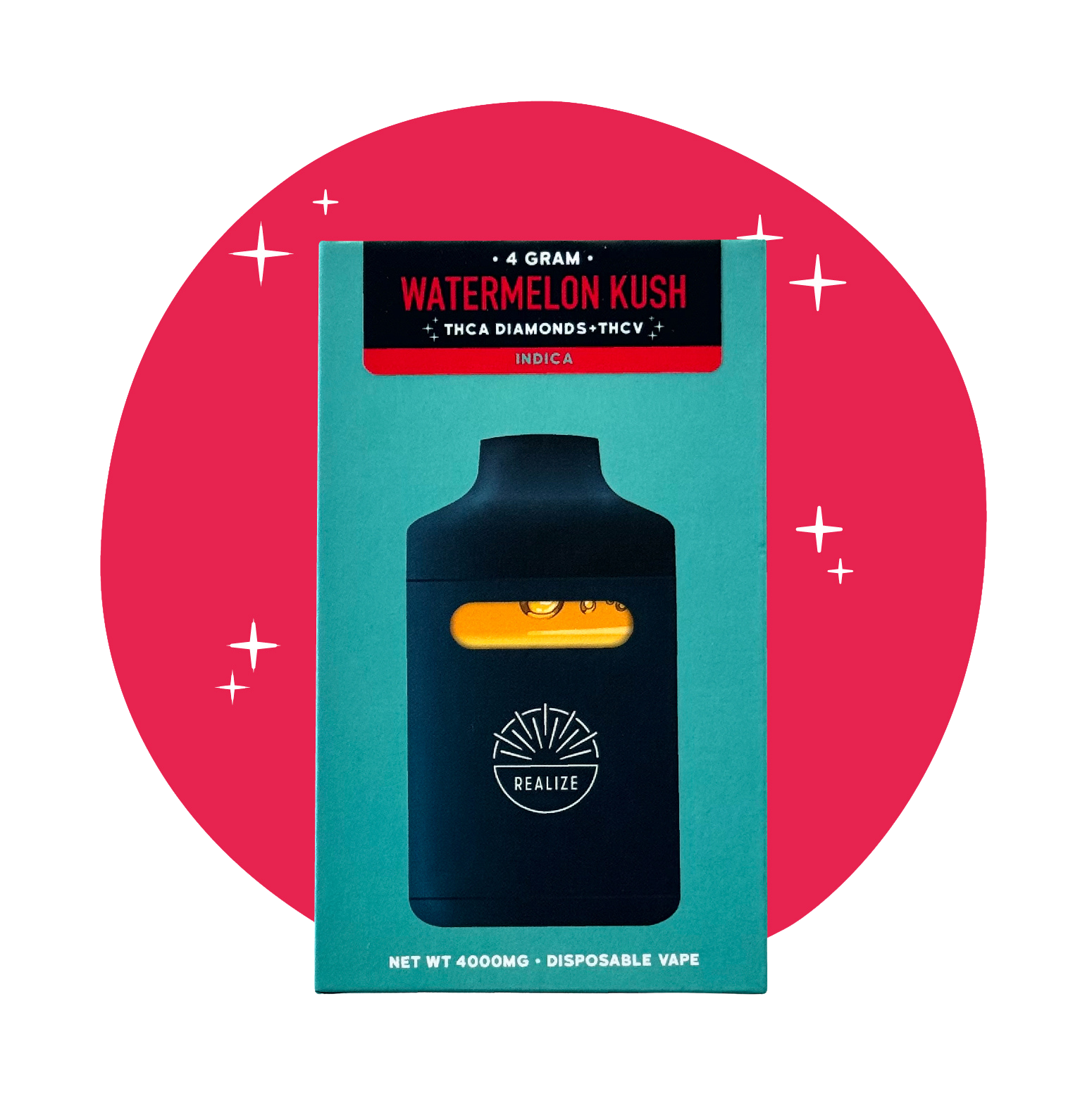 Realize Watermelon Kush 4 gram disposable vape with THCA diamonds and THCV, indica strain packaging with device displayed on the front