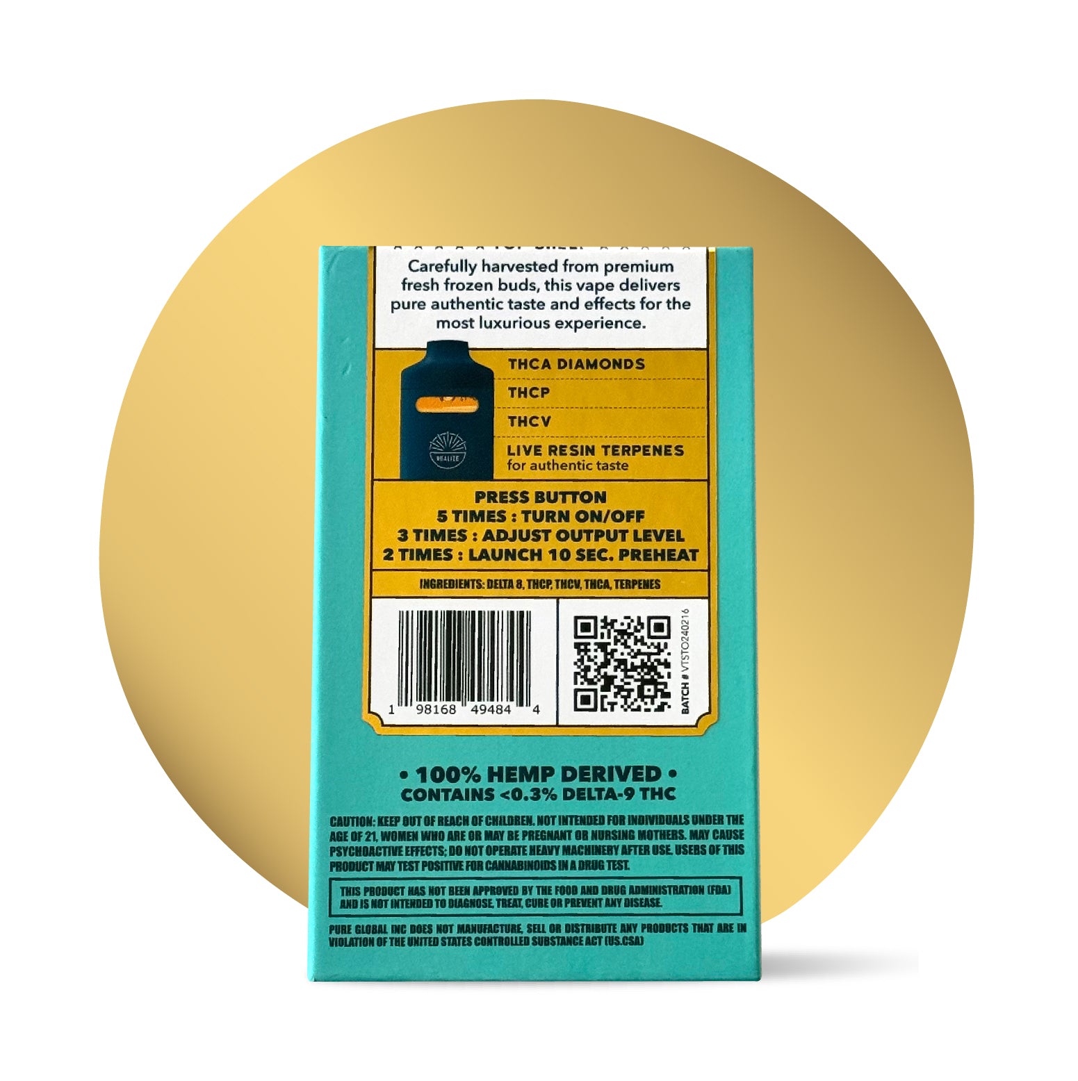 Realize Tahoe OG Kush disposable vape packaging back panel with THCA diamonds, THCP, THCV, live resin terpenes, usage instructions, barcode, and hemp-derived warning